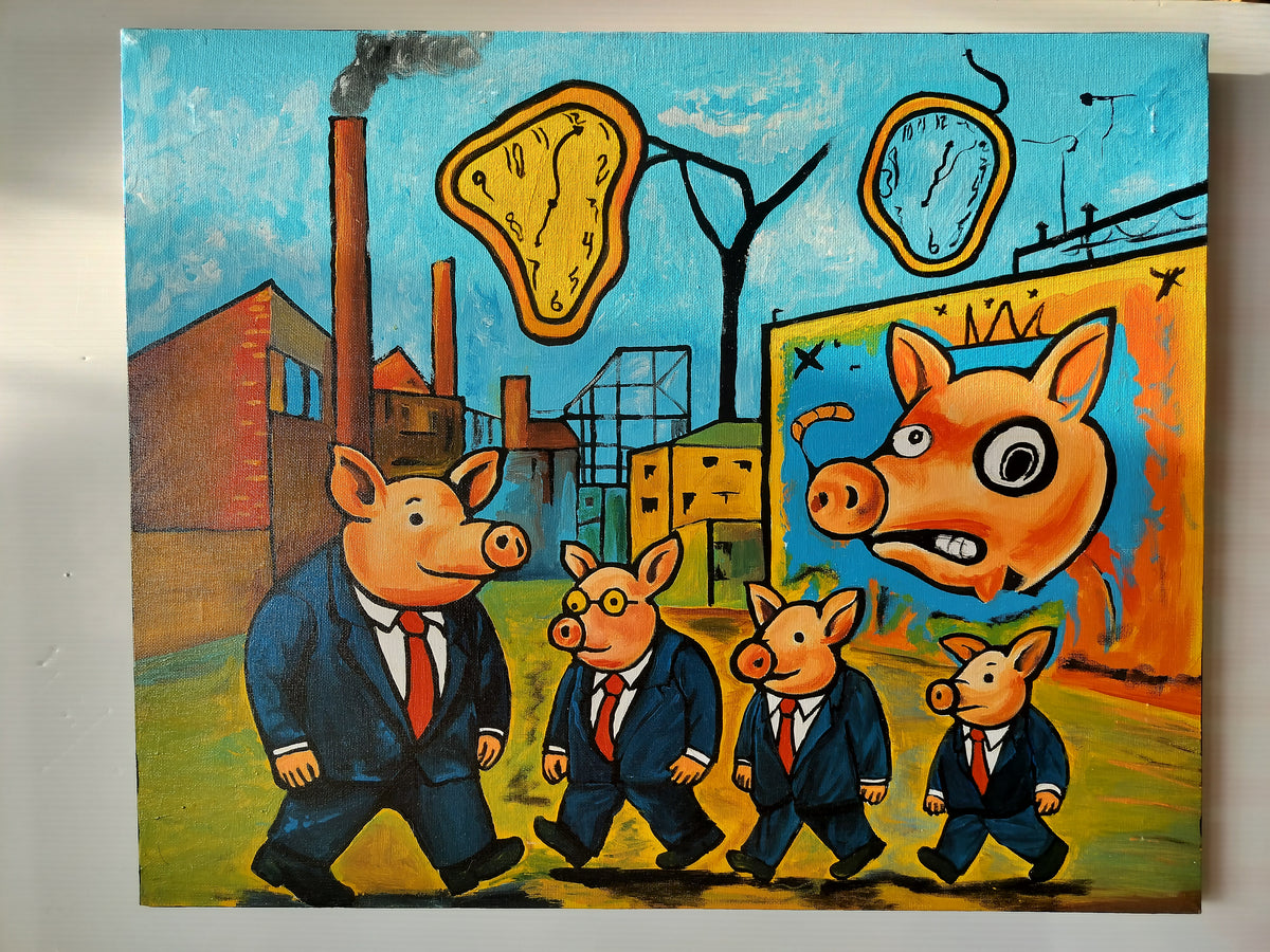 Pigsworld - surrealistisk industri time 55 cm x 45 cm