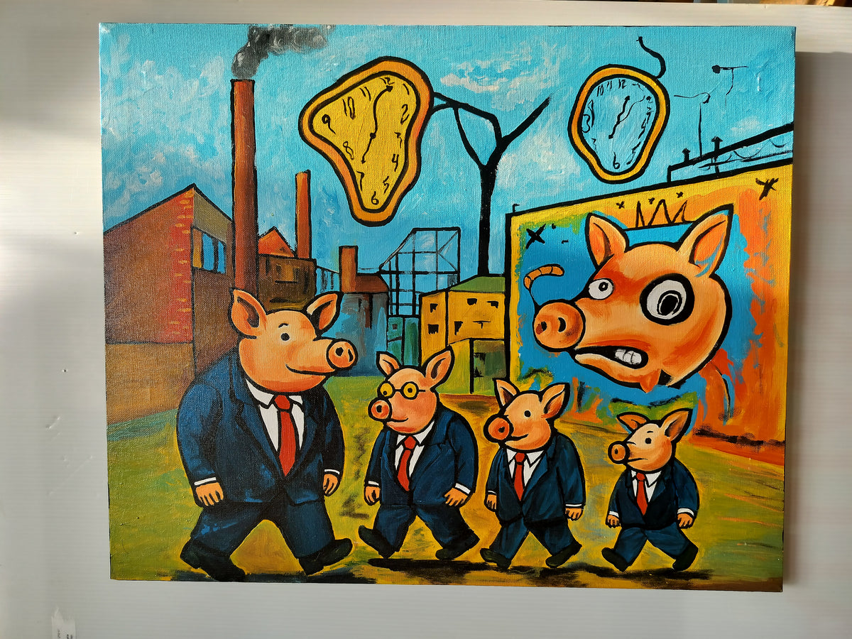 Pigsworld - surrealistisk industri time 55 cm x 45 cm